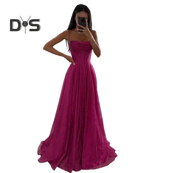 Brautkleid, Hochzeitskleid, Abschlussball, Party, Abendkleid, rückenfrei, Spaghettiträger, Pailletten, ärmellos, A-Linie, bodenlang, Ballkleid, plissiert, tief ausgeschnittenes Cocktailkleid M dunkel rosa