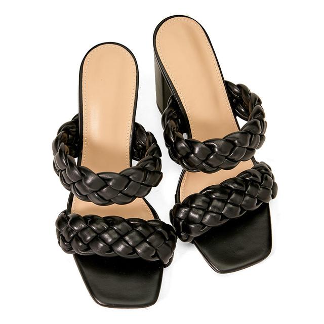 Sommer Damen 11cm Hohe Absätze Hausschuhe Geflochtenes Leder Klobige Blockabsätze Hausschuhe Pantoletten Damen Pantoletten Fetisch Nachtclub Schuhe 38 schwarz