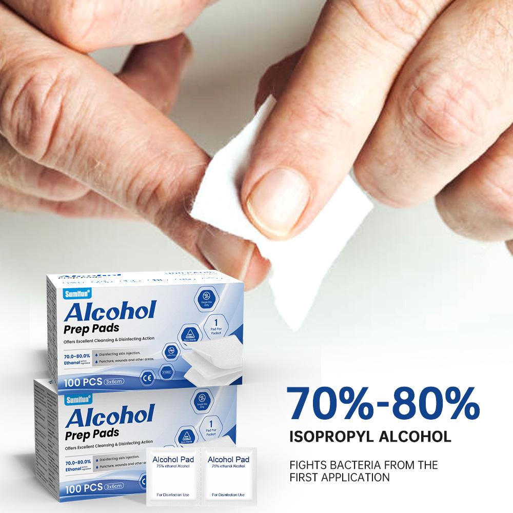 100 Stück tragbare Alkohol-Vorbereitungspads, antiseptische Sterilisationstupfer, Reinigungstücher, 70–80 % Alkoholgehalt 100 pieces/box