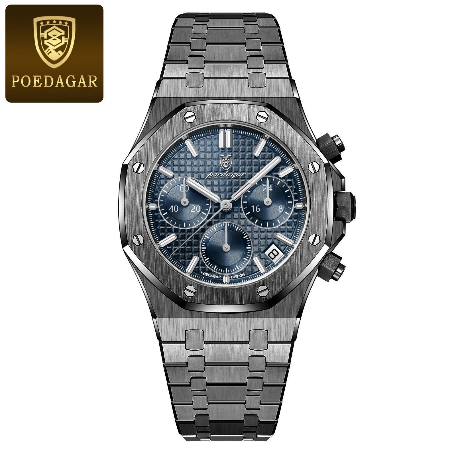 POEDAGAR Herrenuhren Feiner Stahl Modische Original-Quarzuhr für Männer Wasserdicht Leuchtende Datums-Chronograph Luxus-Armbanduhr schwarz/blau