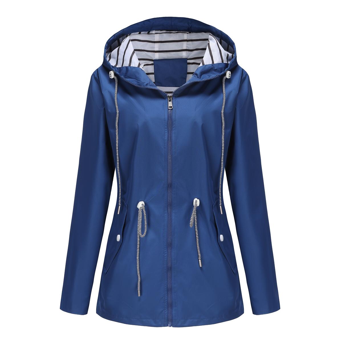 Damen-Windjacke mit Kapuze, Streifen-Kordelzug, wasserabweisende Windjacke, lange Ärmel, übergroßer, lockerer Regenmantel, mittellanger Reißverschluss, winddichte Jacken 3XL blau