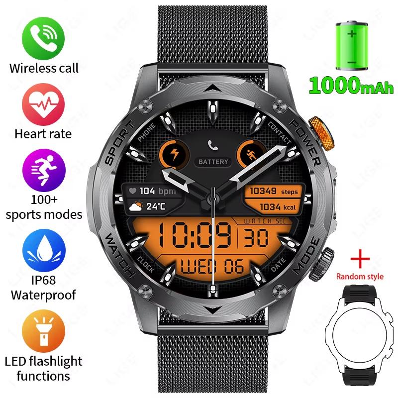 2025 Neue Militärische Edition Smartwatch Herren 1000mAh Akku 1,7-Zoll AMOLED HD Display Bluetooth Anruf Uhr Smartwatch LED Taschenlampe Mesh belt schwarz