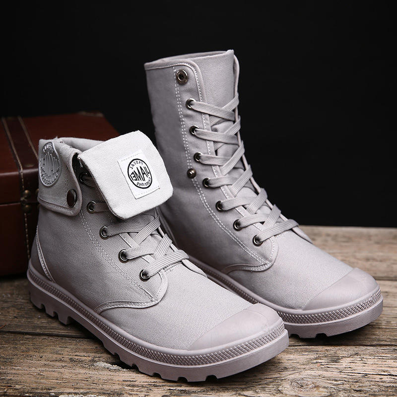 Mode Klassische Herren Wüstenstiefel Canvas Herren Arbeits-Sicherheitsschuhe High Top Tooling Stiefel Herren Stiefeletten Mode botas masculino 40 graue