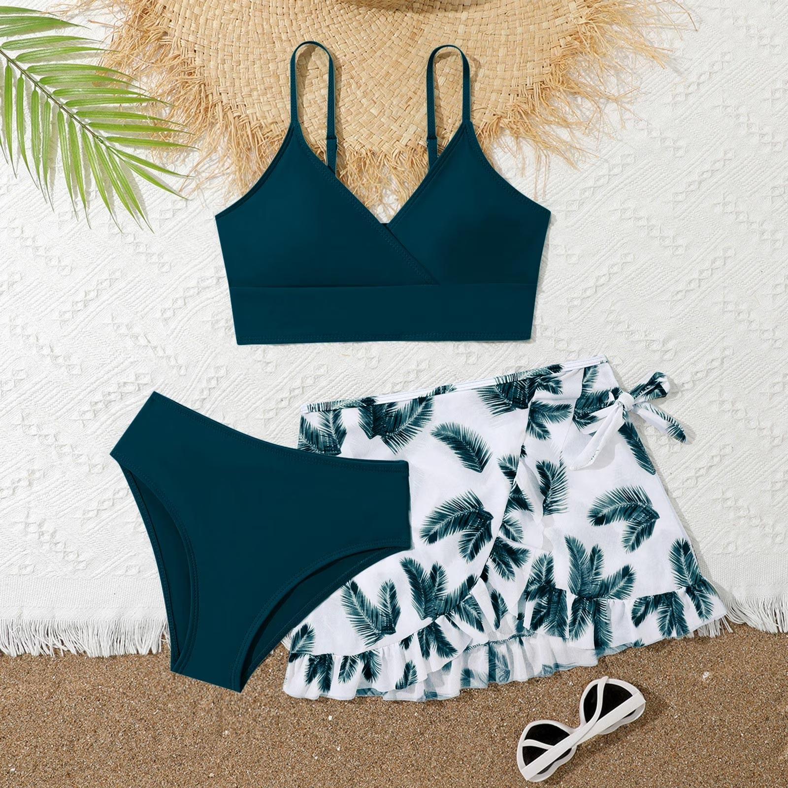 Zweiteiliges Badeanzug-Set für Mädchen Enthält Bikini-Oberteil Bikini-Unterteil und Rock Badebekleidung mit Verstellbaren Trägern und Rock mit Blattmuster für Strand Pool 170 dunkelblau