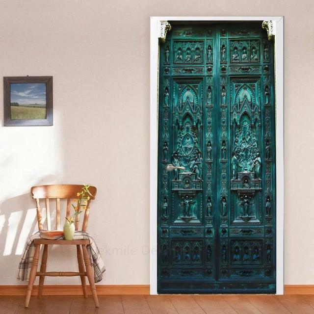 3D Landschaft Veranda Vinyl Tür Aufkleber für Schlafzimmer Home Decor selbstklebende abnehmbare Wand Aufkleber Tür Renovierung wasserdichte Poster 40x120cm(not cut) blue
