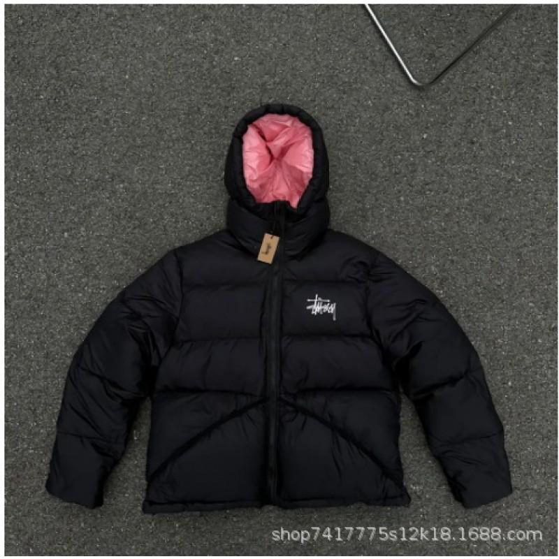Unisex Kapuzen-Pufferjacke Baumwollfüllung Warmer Wintermantel Lockere Passform Reißverschluss vorne Bestickt Einfarbige Medium black