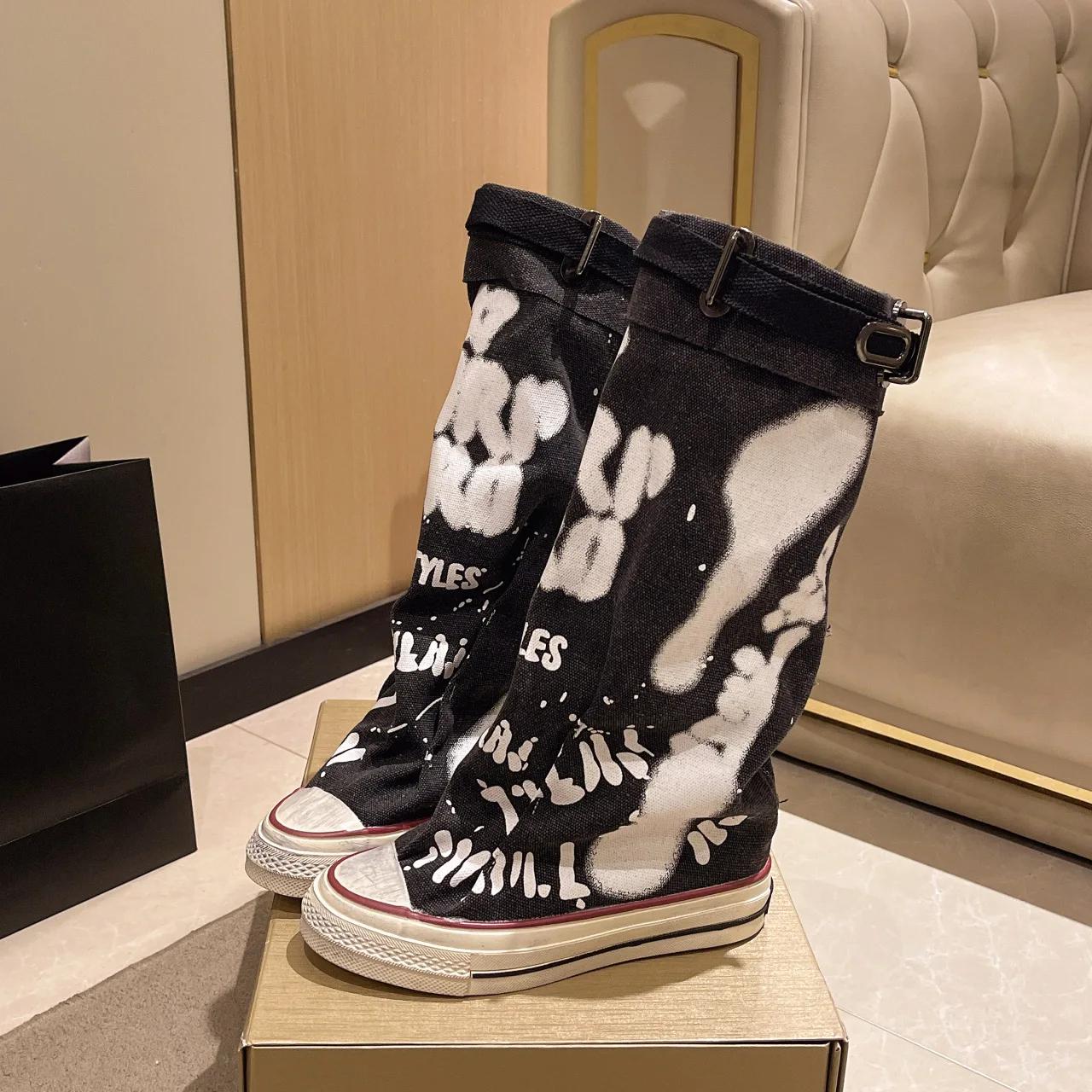 Mode Damen Frühling Graffiti Hohe Canvas Stiefel Runde Spitze Mittelhoher Absatz Rutschfeste Stiefel Damen Freizeit Mode Gummisohle Botas Mujer 41 schwarz