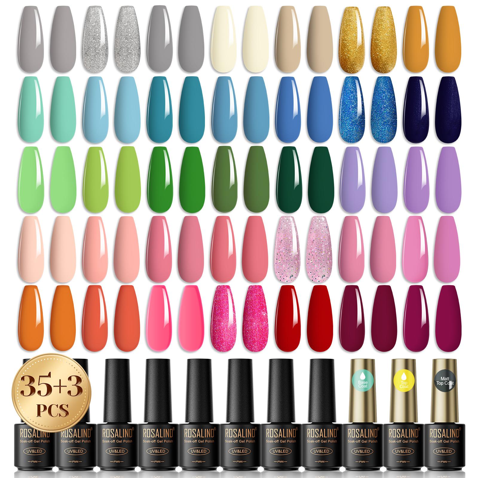 ROSALIND Glasflasche mit Gel-Nagellack, zum Einweichen, UV-LED, semi-permanent, 38 Stück, Nagel-Gel-Set, Basis, matt, Decklack, Gel-Nagellack, Nagelkunst-Design
