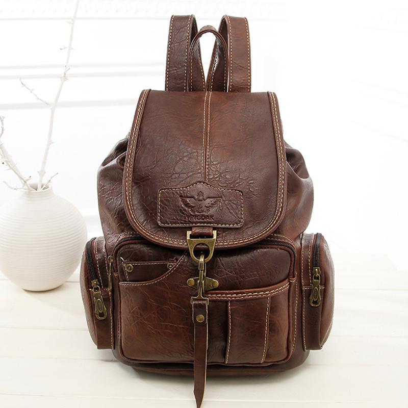 Vintage Retro Damen Rucksack für Mädchen im Teenageralter Schultaschen Große Rucksäcke mit Kordelzug Hochwertige braune Tasche aus PU-Leder braun