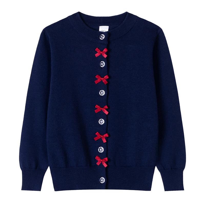 Herbst Neue Baumwolle Bogen Koreanische Strickjacke Mädchen Strickjacke Mit Langen Ärmeln Kleine Kinder Pullover Jacke 160cm dunkelblau
