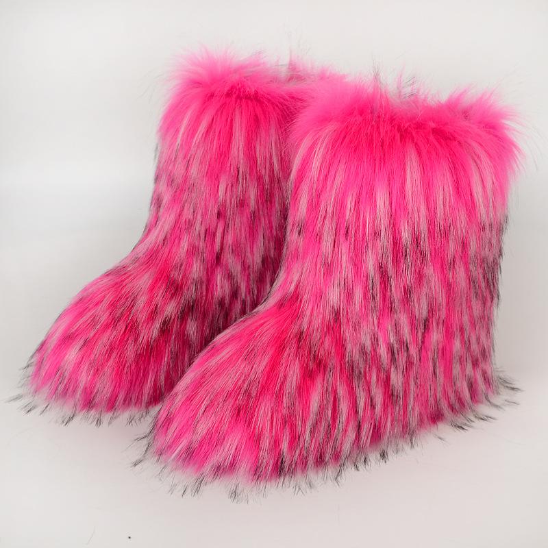 Damen Kunstfell Stiefel Winter Flauschige Plüsch Warme Mid-Calf Schneestiefel Luxus Mode Pelzige Stiefel Bequeme Outdoor Flache Schuhe 46