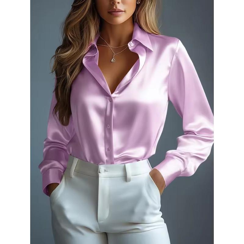 Damen Satinhemden Elegant Schlicht Langarm Bluse Büro Dame Knopfleiste Hemd Oberteil Herbst Weiblich Rundhals Shirts Bluse S Violett