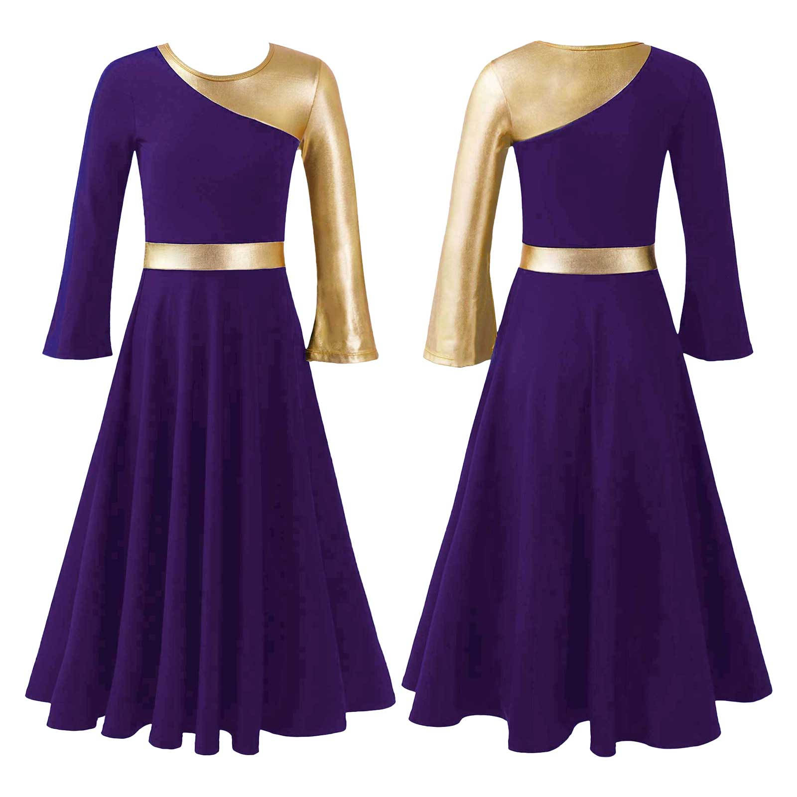 Kinder Mädchen Liturgisches Lobpreis-Tanzkleid Bell-Bottom Langarm Lyrische Kleider Anbetungskostüm Kirche 3-4 Years violett