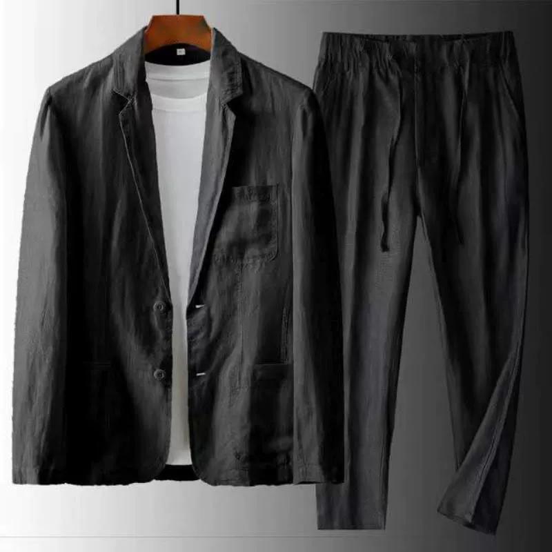 Herrenjacken und -hosen Herren Leinen 2-teiliger Anzug Frühling und Sommer Dünner Mode Freizeitanzug Anzug Herren Frühling und Sommer Dünner Teil XL schwarz