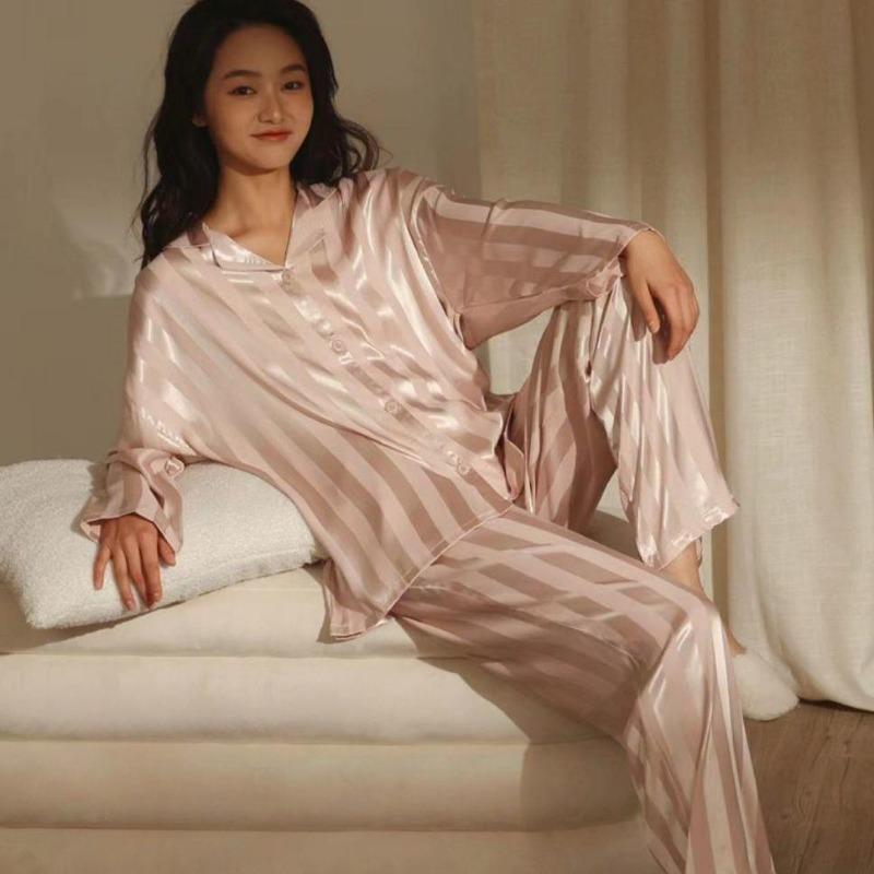 Damen-Pyjama-Set mit Streifen, einfarbig, französischer Seidensatin-Pyjama, zweiteiliges Set, bequemer Pyjama für zu Hause XXL rosa