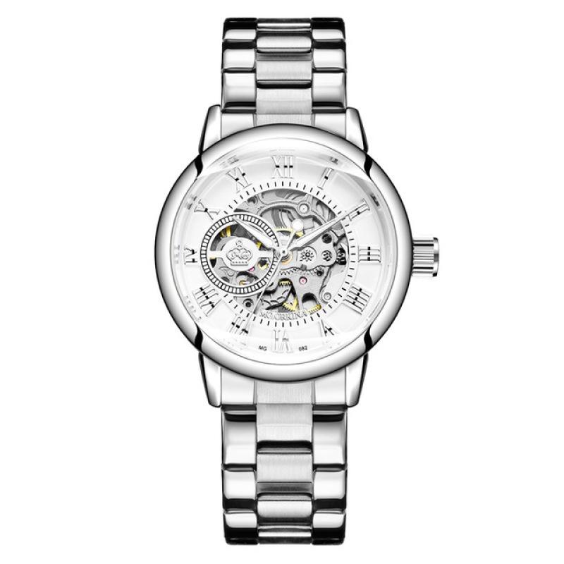 Frauen automatische mechanische Uhr Skelett Uhren Mesh Edelstahl Mode Damen Armbanduhr None silber