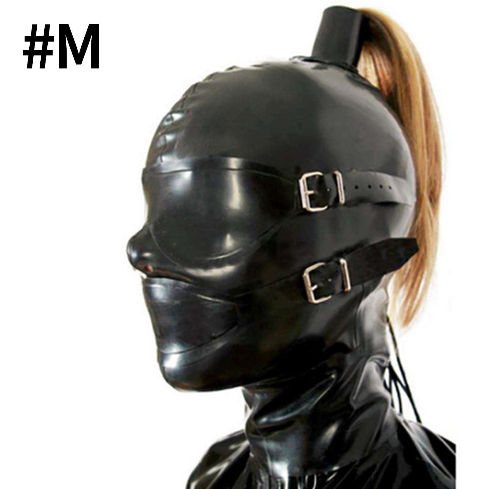 Mit Pferdeschwanzperücke Latex Erwachsene Unisex Kopfbedeckung Maske mit abnehmbarer Augenmaske Geeignet für Party Nachtclub Fetisch Rollenspiel M schwarz