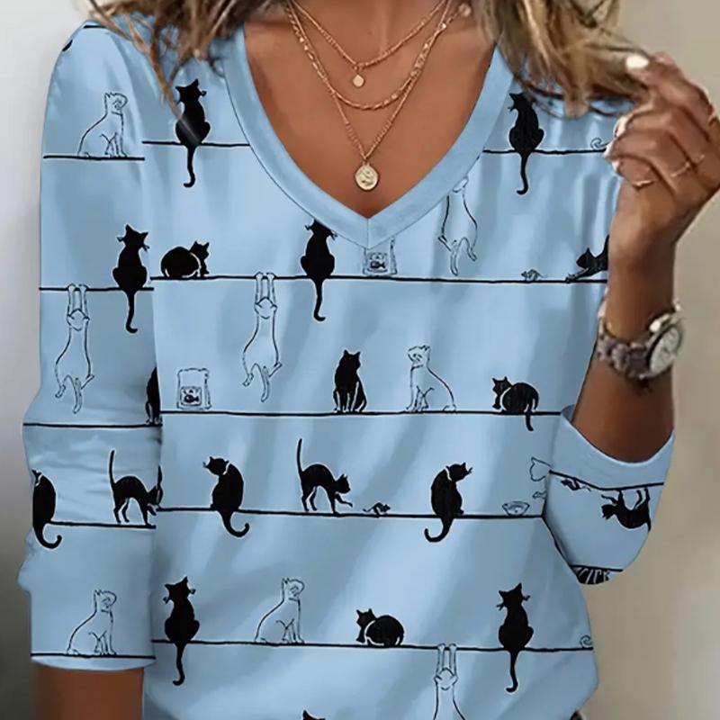 Süße Katze Print Frauen T-Shirts Damen Tops Langarm V-Ausschnitt Pullover Femme T-Shirts T-Shirt für Frauen 2XL blau
