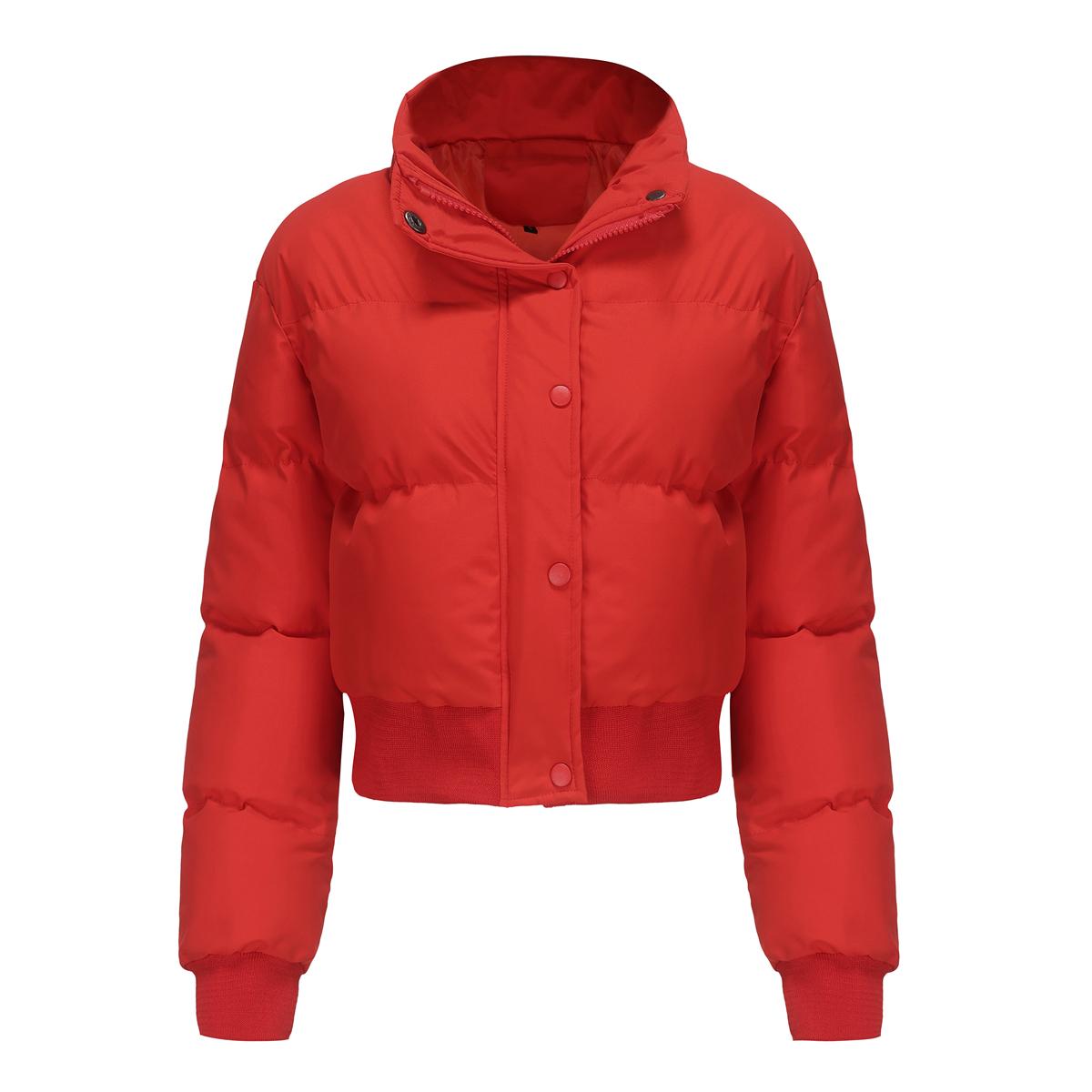 Kurze dicke Jacken für Damen, Baumwolle, hoher Kragen, lange Ärmel, Reißverschluss, warme Puffermäntel, Herbst-Winter, bauchfreies Top, modische Outfits XL rot