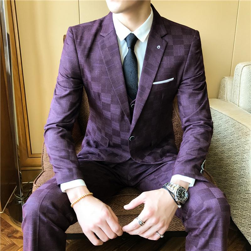 Herrenbekleidung Herbst-Herrenanzug mit Karomuster, dreiteiliger Hochzeitsanzug, Kleid, Anzüge und Blazer XXXXL violett