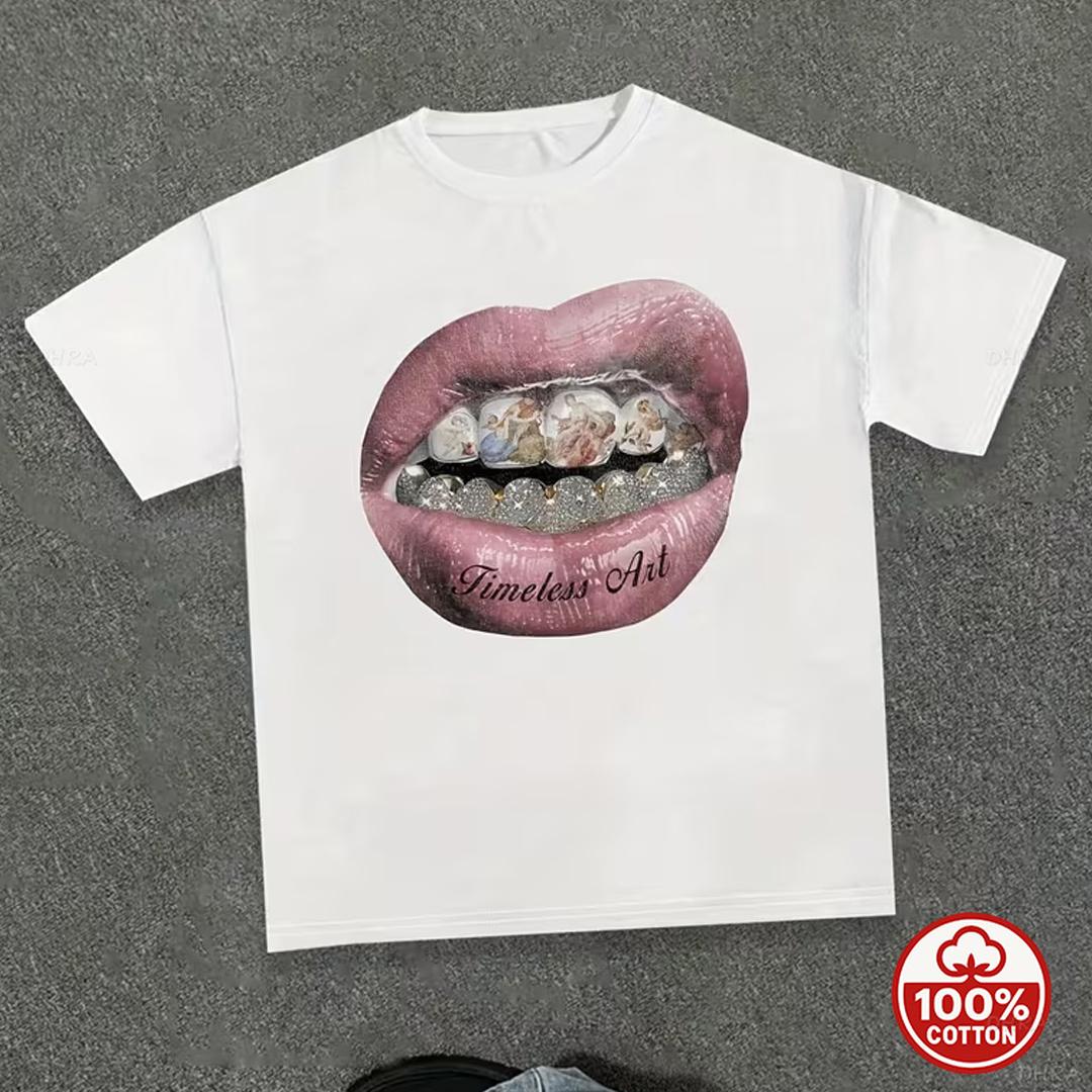 Graustufen Glänzende Lippen Mit Silbernen Diamant-Grillz Hip Hop Grafik T-Shirt High Street Rap Mode Locker Freizeit Kurzarm T-Shirt XL gray
