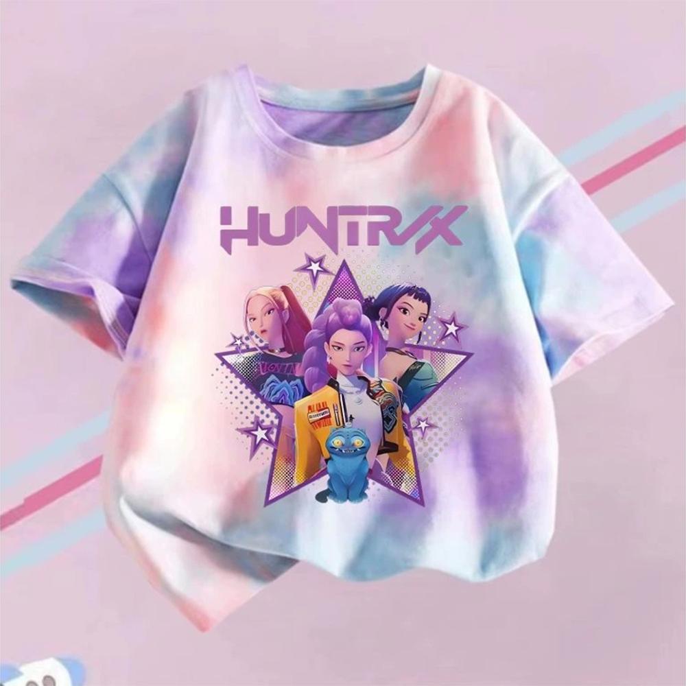 KPop Dämonenjäger T-Shirt Kinder Lila Batik Oberteil Mädchen Rundhals Kleidung Kurzarm T-Shirt Kinder Sommer/Herbst Kleidung 130 gray