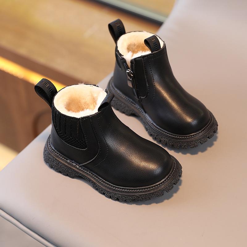 Bestellen Sie eine Nummer größer Herbst Winter Baby Kinder kurze Stiefel super warme Jungen Mädchen Schuhe Pu Leder Kinder Stiefel Mode Kleinkind Stiefel Kinder Schneeschuhe 26 schwarz