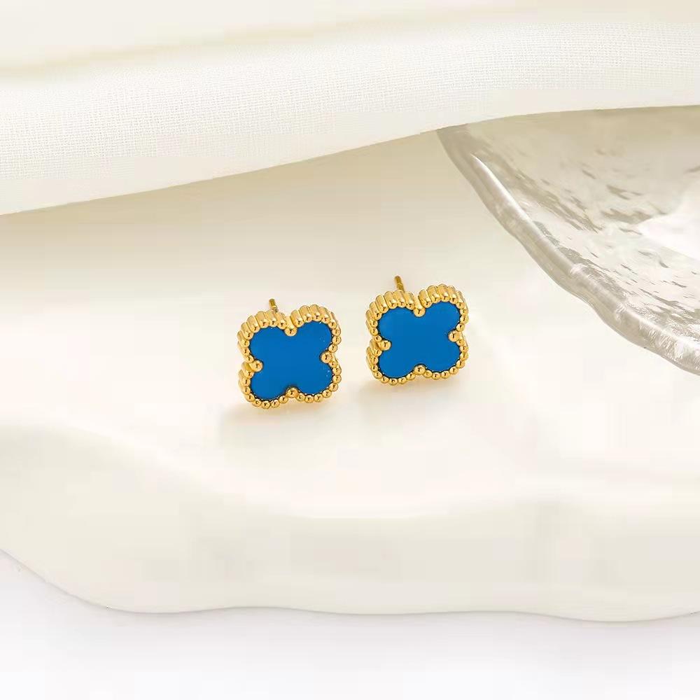 Hochwertige vierblättrige Kleeblatt-Ohrringe Leichter Luxus Mode Persönlichkeits-Ohrringe 18K Verliert keine Farbe Ohrringe 18K königsblau
