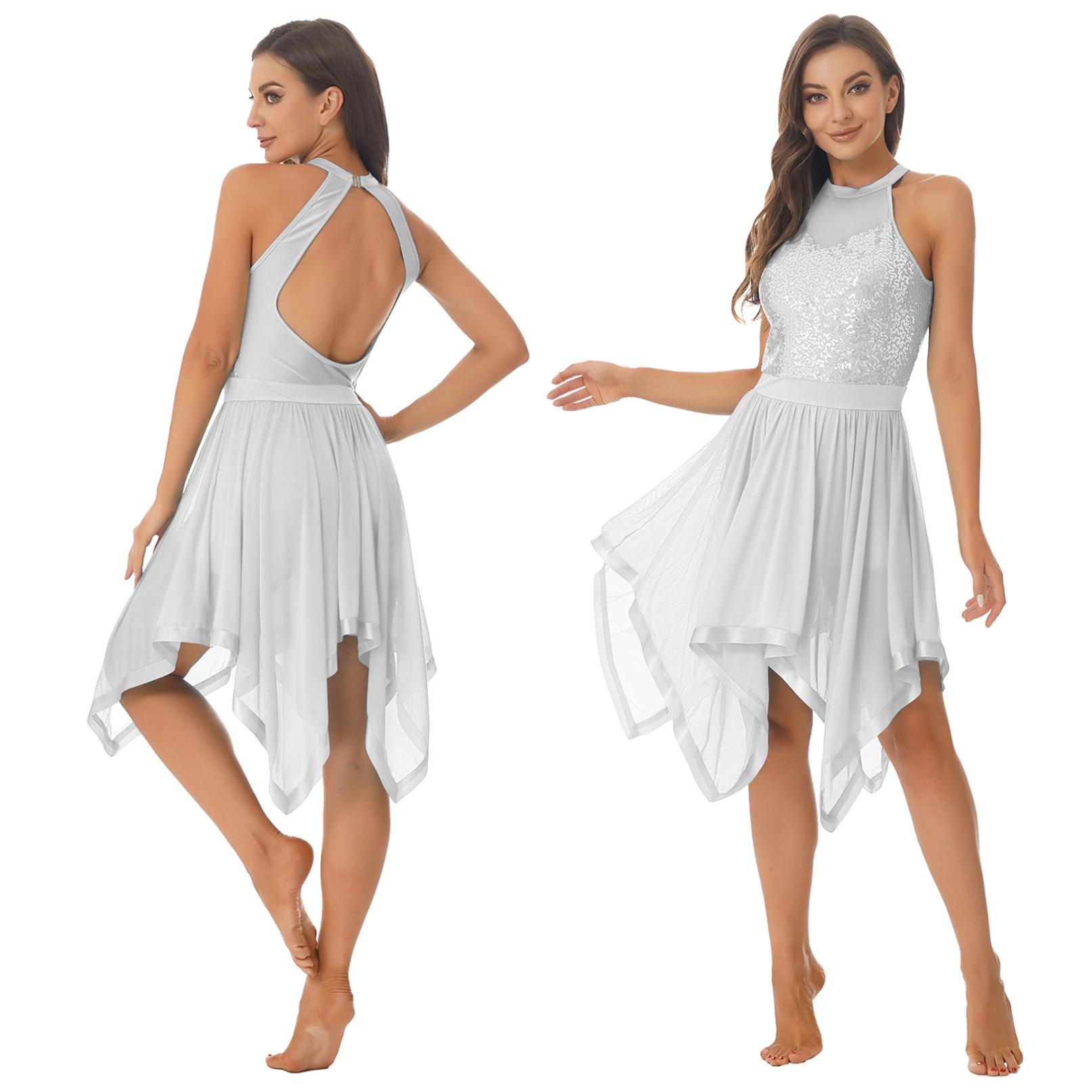 Damen-Kostüme für zeitgenössischen Tanz, High-Low-Lyrik-Tanzkleid, Pailletten-Kostüme für modernen Tanz S weiß
