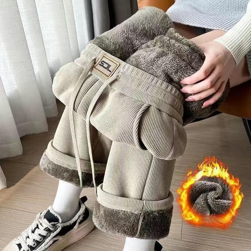 Winterhose mit weitem Bein für Damen, Herbst, Plüschhose für Damen, extra dicke Lammfleece, warme, gerade koreanische Hose, Joggers für Damen L khaki