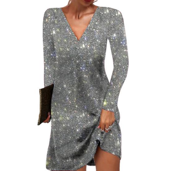 Damen Midi Kleid V-Ausschnitt Langarm Glänzende Pailletten Locker A-Linien Kleid Lockerer Pullover Knielanges Kleid 3XL silber grau