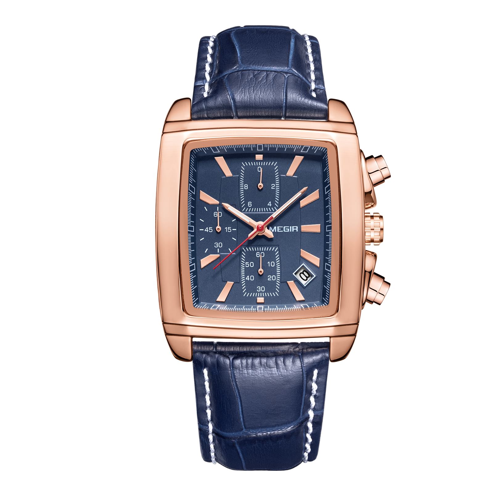 MEGIR Freizeituhren Mode Herren Quarz-Armbanduhren Lederarmband Wasserdicht Leuchtend Herrenuhr Chronograph 2028 blau/hellrosa