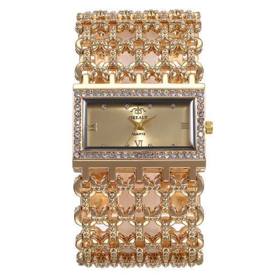 Damenuhr mit glitzerndem Zifferblatt, Quarz, hohle Ziffer, römisches breites Band, quadratische Armbanduhr, Strass, klassische Uhren goldgelb