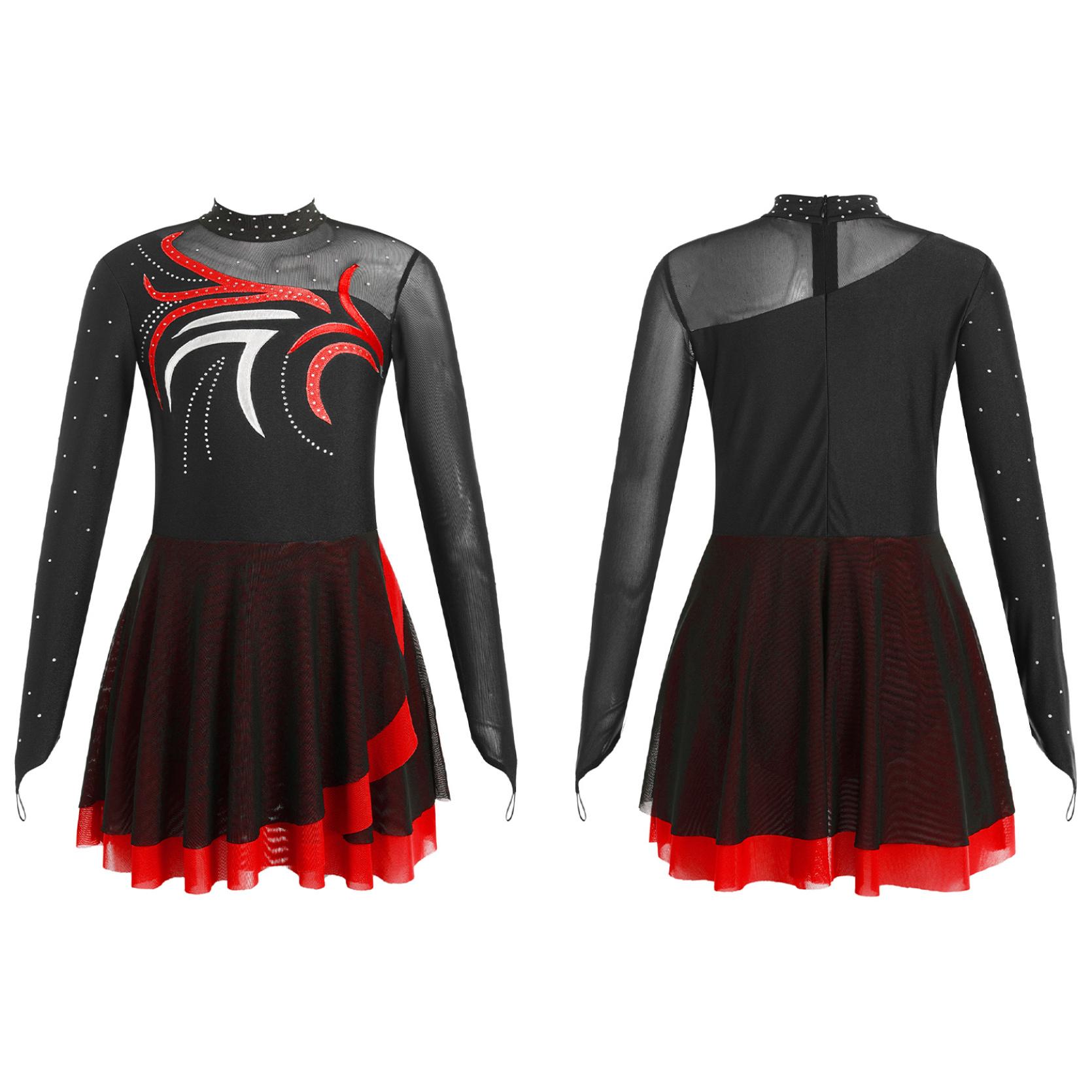 Kinder Mädchen Eiskunstlauf Tanz Performance Kleider Strass Mesh Patchwork Langarm Mock Neck Kleid Dancewear 13-14 Years rot
