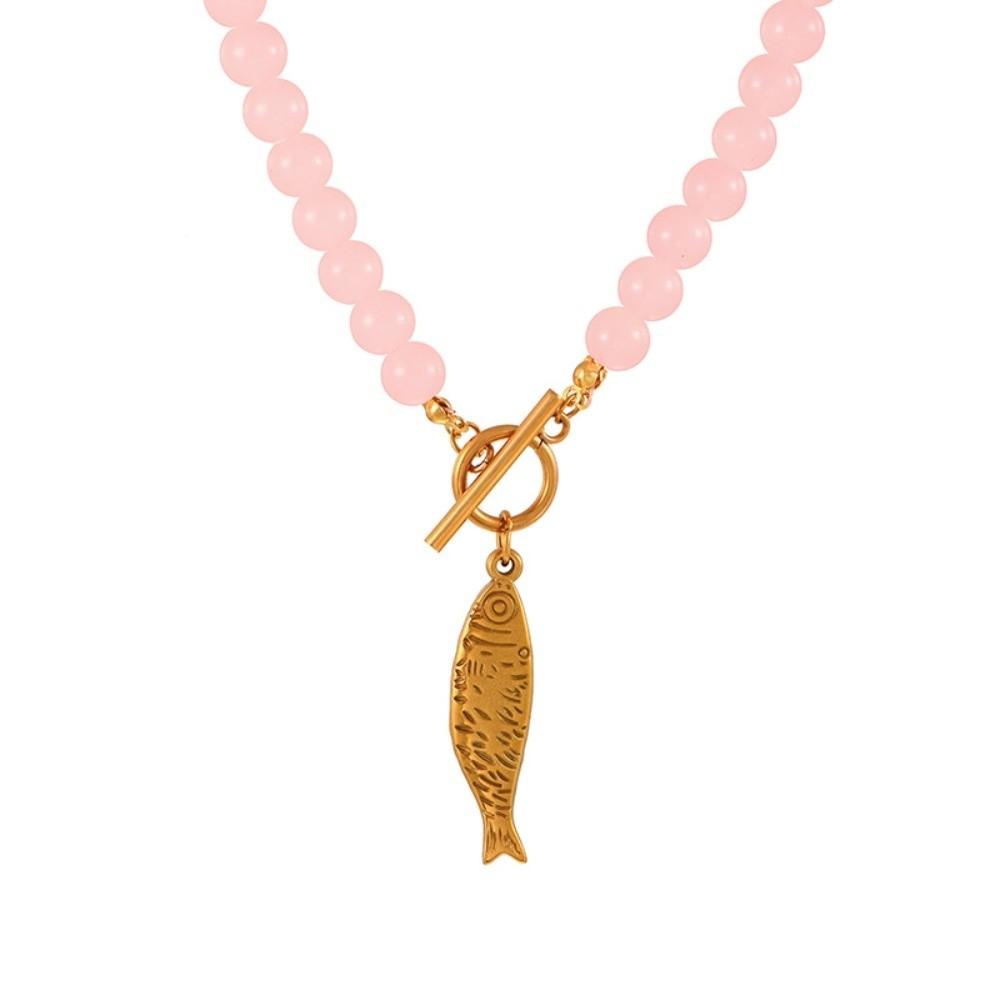 Geschenk Elegante Titanstahl Halskette OT-Schließe Kleine Größe Fisch Halskette Layering Minimalistisch Glasperlen Halskette Freizeitkleidung rosa