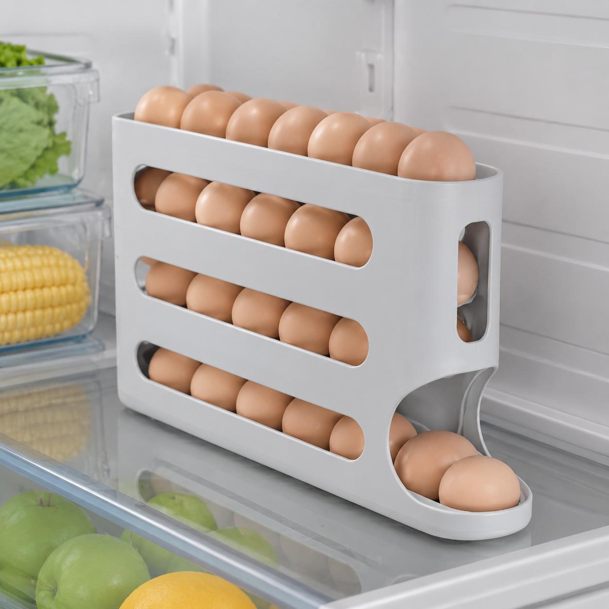 Eierregal mit 4 Ebenen für den Kühlschrank, automatischer Eierhalter mit Rollen, Aufbewahrungsbox, Behälter, Küchenkühlschrank, Eierspender, Kühlschrank-Organizer A grau