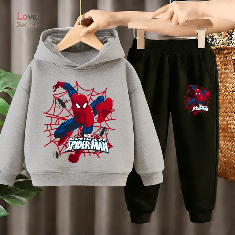 Marvel Kinder HoodieS+Hose 2-teilige Sets Spider Man Kapuzen-Hosen-Set Kinder Cosplay Anime Pullover Sweatshirt Kinderkleidung 4-14J 100 gray