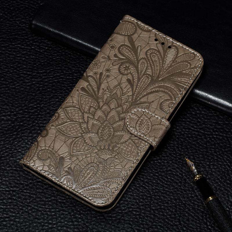 3D-Spitze-Blumen-Prägung Leder-Flip-Wallet-Hülle für Samsung Xiaomi Redmi Note Huawei Honor iPhone Huawei P30 Lite graue
