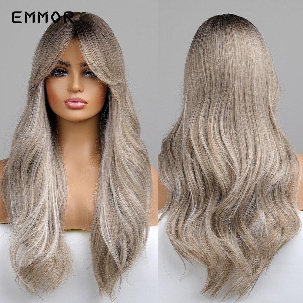 Synthetische lange gewellte Perücken mit Pony, Cosplay, natürliches Ombre-Braun bis Aschbraunes Haar für Frauen, Hochtemperaturfaser-Perücke