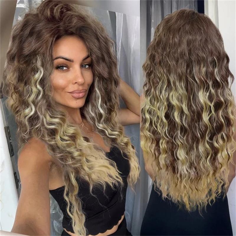 Synthetische Aschblond Lange Perücke Lockige Haare Perücke für Frau Natürliches Flauschiges Haar für Frauen Normale Große Welle Volumen Perücken 26inches