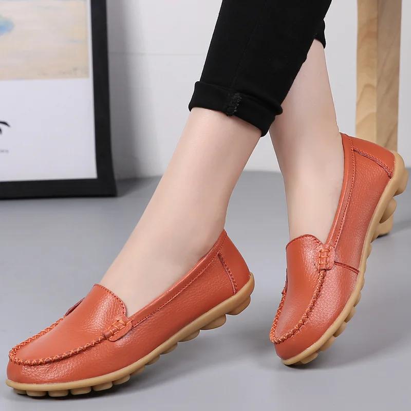 Echte Lederschuhe für Damen, weiche Bootsschuhe für Damen, flache Schuhe, große Größe 35–44, Damen-Loafer, rutschfeste, robuste Sohle 42 orange