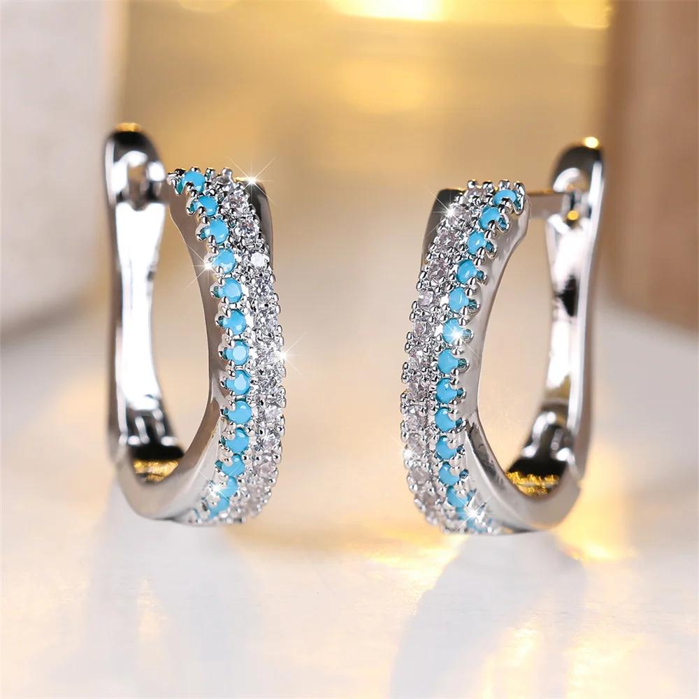 Mode Blau Türkis Hoop Ohrringe für Frauen Multicolor Zirkon Ohrringe Silber Farbe Hochzeit Schmuck silber/blau