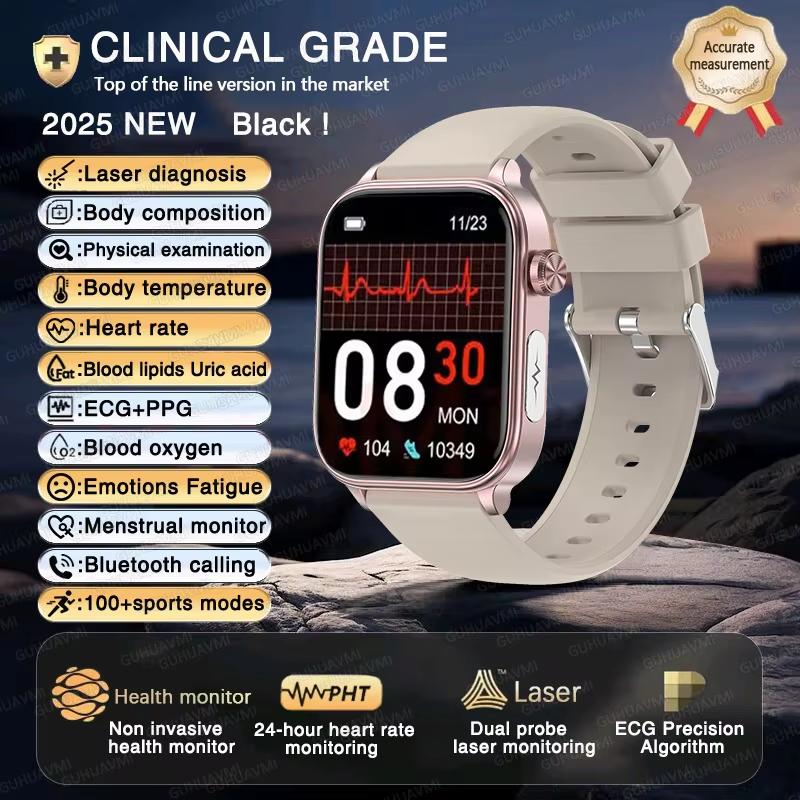 2025 Neue EKG+PPG KI Gesundheitsdiagnose Smartwatch Herren Damen Uhr Blutfett BD Harnsäure Herzfrequenz Tracker Grey silicone belt