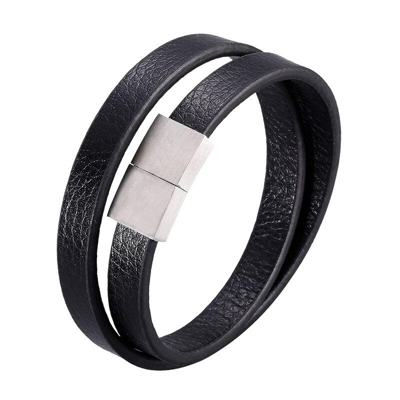 Trendiger mehrlagiger Herrenschmuck aus Leder mit silberfarbenem Metallverschluss, einfaches Lederseilarmband für Männer, Geschenke BB1061 205mm schwarz