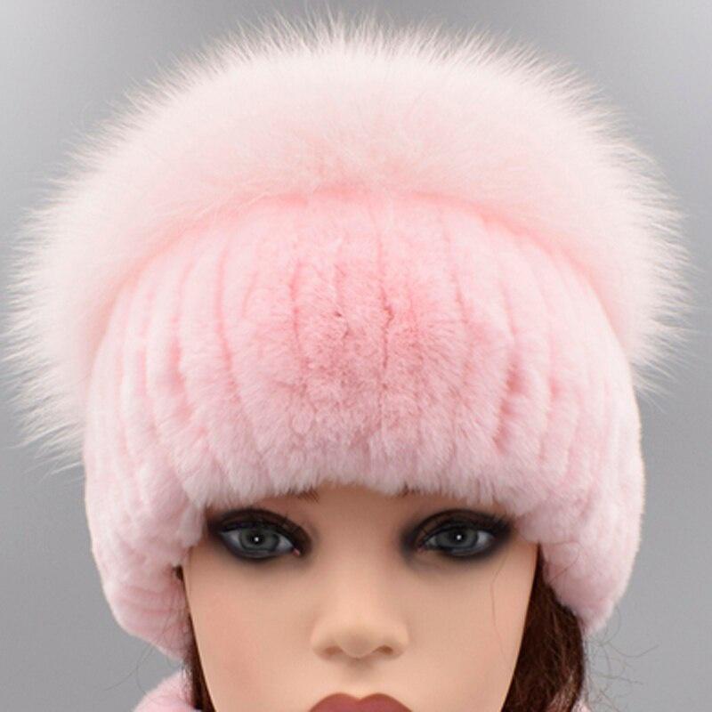 Natürliche Pelz Hüte Frauen Gestrickte Kaninchen Fuchs Flauschigen Winter Warme Weibliche Hut Luxus Kopfbedeckungen Echtpelz Mützen Kappe One Size rosa