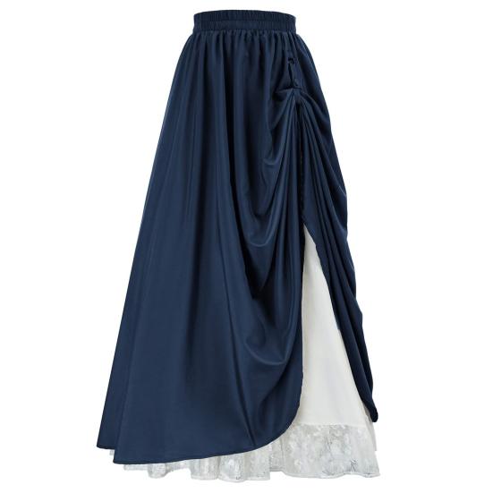 Frauen Spitze Nähte Seite Plissee Maxi Rock Einfarbig Doppel Schicht Langen Rock Elastische Hohe Taille Retro A-linie Rock L navy blau