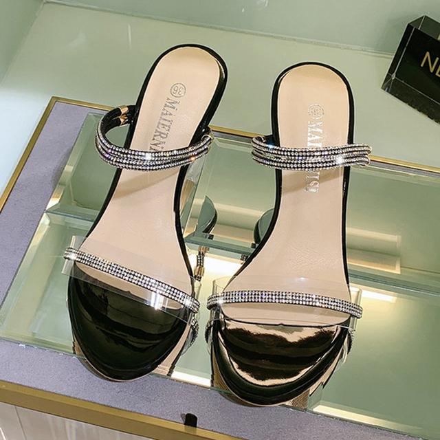 Damen 8cm High Heels Keilabsatz Plateau Sandalen Stripper Pantoletten Silber Pantoletten Lady Transparent Klar Heels Kristall Ballschuhe 35 schwarz