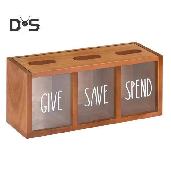 Sparschwein aus Holz, 3-Fächer, Geldspardose, visualisiert mit Geldscheinen und Münzen, Spardose für Kinder und Erwachsene, Schlafzimmer, Büro braun