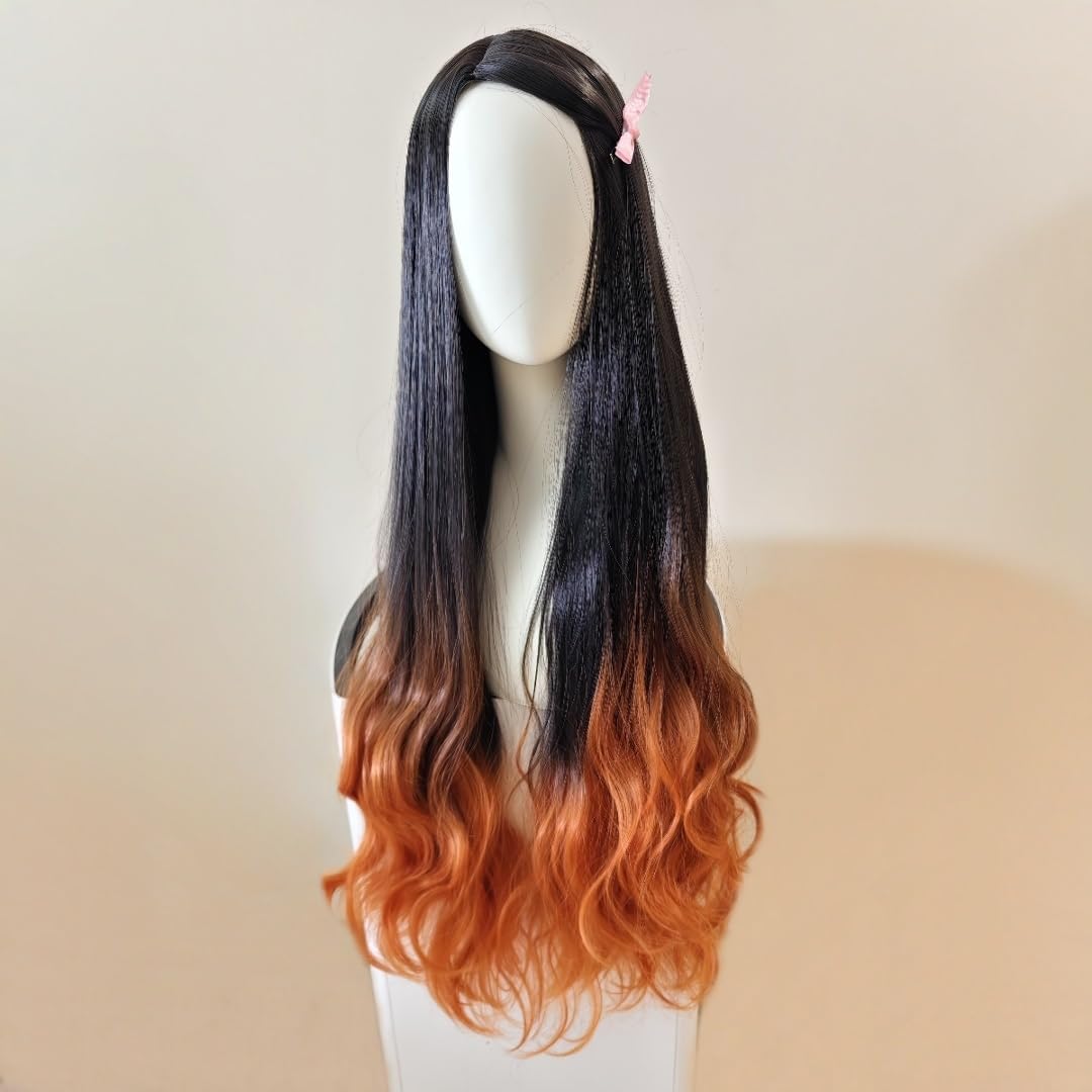 Anime Nezuko Kamado Perücke Halloween Charakter Kostüm Cosplay Perücken Schwarz Orange Farbverlauf Lange Lockige Perücke Kamado Nezuko Bambus Requisiten black