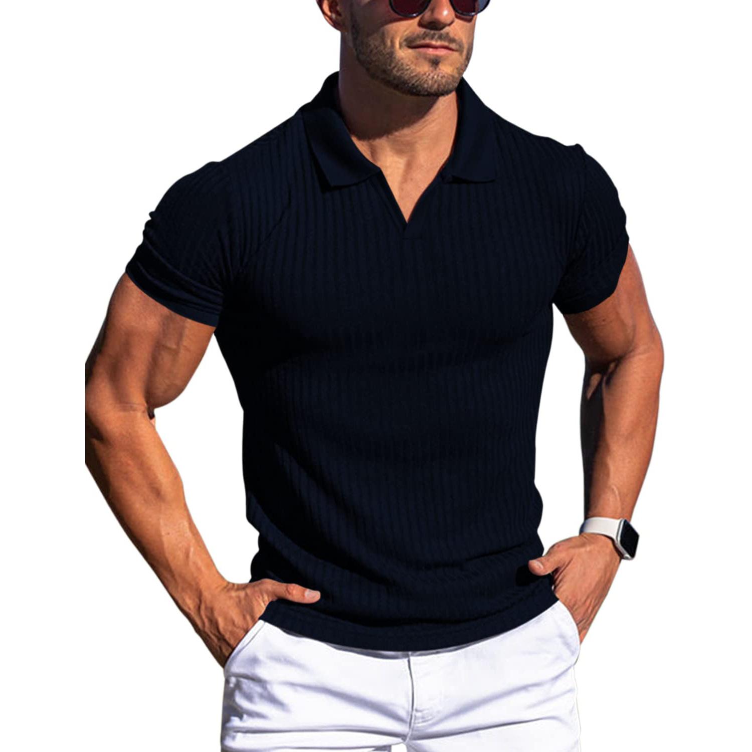 Herren-Poloshirts mit V-Ausschnitt und Muscle-Car-Design, Slim Fit, kurzärmlige Golf-T-Shirts, weiche Rippstrick-T-Shirts, Sommerpullover mit Kragen für Männer, atmungsaktive T-Shirts 2XL dunkelblaue